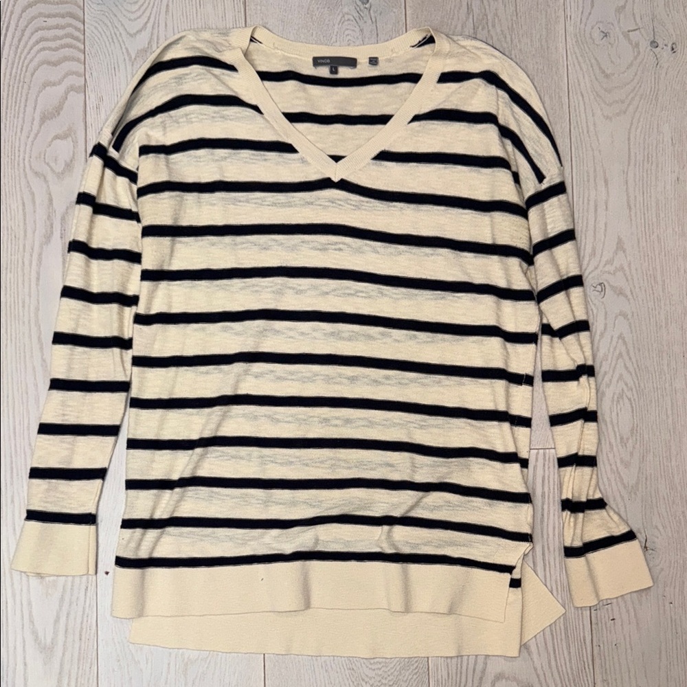 Vince Cream and Navy Striped V-Neck Sweater